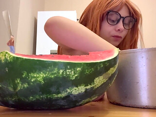 Giantess Stepsister Eats Watermelon and Is Really Horny While Tiny Stepbrother Watches Giantess Stepsister Eat