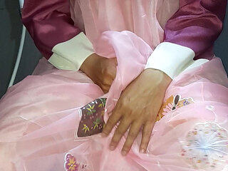 Crossdresser Cum Wearing Hanbok Korean Traditional Dress