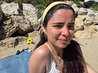 Stepsister has sex on nudist beach and gets a big cum dump inside her pussy