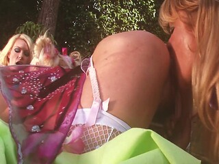 Three hot fairies enjoy an outdoor lingerie-themed Orggy