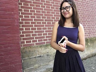 Cute Asian nerdy girl in glasses is picked up for her first casting sex