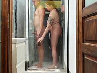 Femdom. Mommy Removes the Cage From Her Stepson's Penis, Lets Him Pee and Washes Him in the Shower.