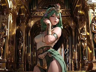 Green-haired Egyptian Queen! Kneeling in the Golden Hall, Guarded by Sphinxes.