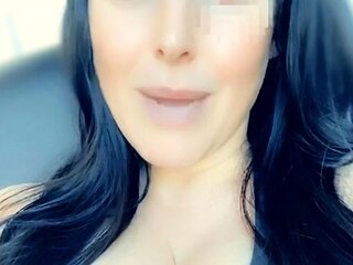 Busty curly brunette with big boobs fucks on couch