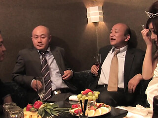 Cute Japanese babe serves three hot gentlemen in the club
