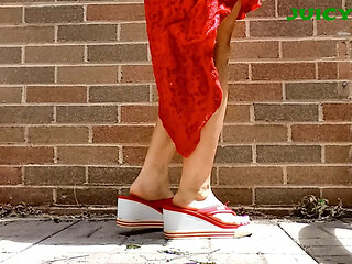 Small Asian Feet in Red Heeled Flip Flops