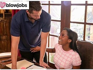 Nerdy ebony babe sucks her tutors cock