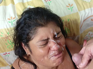 Indian Stepmother Ends up with Her Face Covered in Milk and Piss in Her Mouth After a Strong Blowjob