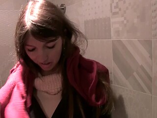 Young Czech babe gets a toilet blowjob while shopping