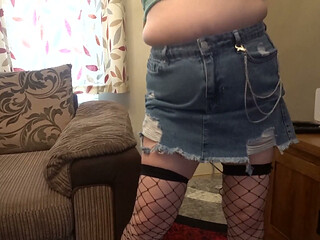 Striptease Denim Miniskirt Stockings and Lace Top Ankle Boots