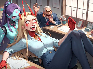 A White-haired Manager in a Suit Is Surrounded by a Storm of Red Dildos, Creating an Epic XXX Porn Scene