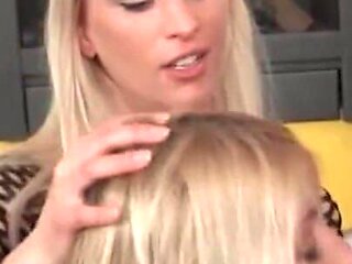 Sexy blondes pussy fucking cock sucking threesome in latex dress