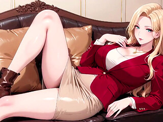 Blonde Ceo in Red Suit! Lazy Secrets on the Leather Sofa, She's Giving You Those Eyes