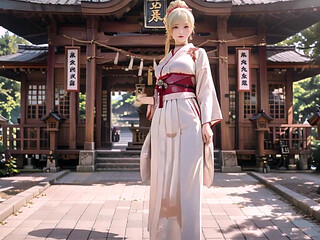 Blonde Kimono Girl's Shrine Secret! Kneeling Under the Torii Gate in a Beige Modified Kimono