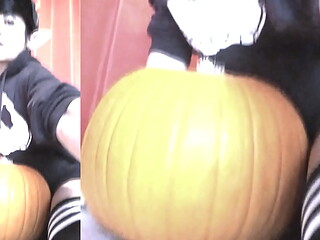 SFW Jon Arteen sexy twink emo femboy carves a Halloween pumpkin in his underwear Jack-o'_-Lantern