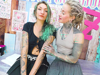 Inked Sluts Double Blowjob Then Anal Fuck Tattoo Session Ends with Cum Glazing New Leg Ink