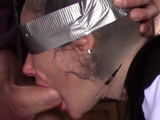Hooded in Nylon, Blindfolded with Duct Tape, Facialized, and Cummed in Mouth