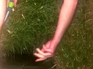 Clean pressure enema with ass lips and pissing - Outdoor garden hose anal