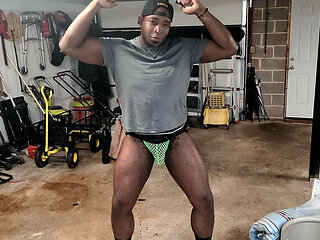 Sexy Stud in Green Mesh Jockstrap Dancing and Swinging Huge Dick