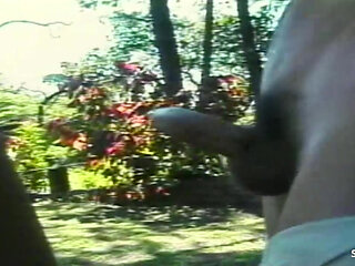 Skinny Boy with a Thick Cock Fucks Blonde Shemale Anally Outdoors