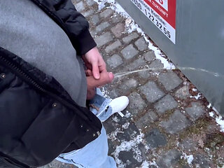 Public pissing with a nice cock makes him horny and makes him jerk off