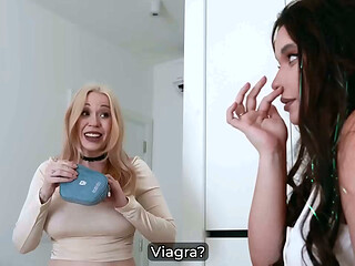 Blonde Step Mom and Step Daughter Kiss Passionately as They Help Step Son Cum in Their One Bed Hotel Room Taboo Threesome