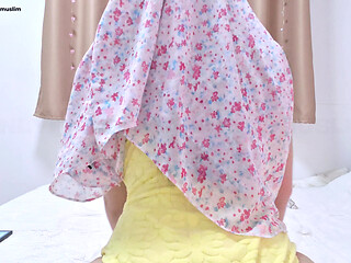 POV: a Malaysian Hijabi Girl Feeling Sexy in Yellow Bodysuit Showing off Her Body and Big Ass