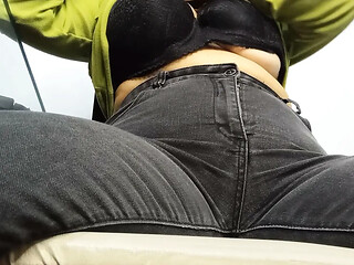 I cant take it anymore, Im taking a break,pulling down my jeans, and masturbating my cum filled pussy.