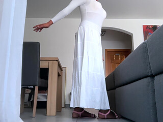 Sweet Femboy in her feminine white outfit and nylon and show ass and cock