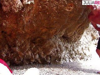 Sexy girl gets a double penetration after sucking two cocks on the beach