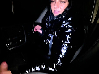Night Pickup Downjacket MILF Fantasy, Smoking, Car Blowjob and Cum on Glossy Jacket