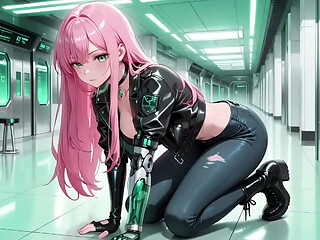 AI-generated- Pink-Haired Leather Tech! Private vibes in a neon-lit cyber corridor.