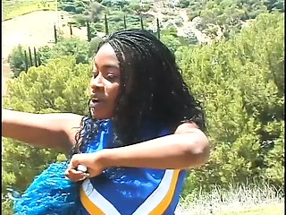 Black cheerleader with perky tits rides a big black cock