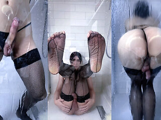 Solo sensual femboy showers in fishnets huge cumshot