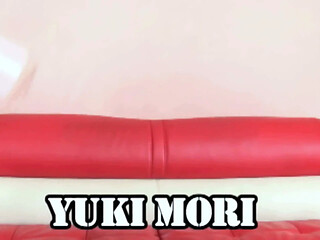 Petite Asian girl takes a big black cock on red sofa