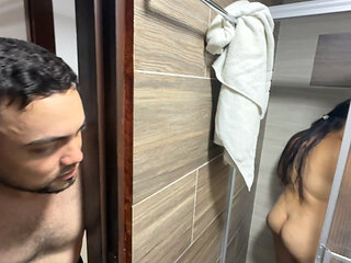 I spy on my stepmother's bitch while she showers since that slut is very hot and I end up fucking her.