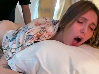 Having to share a hotel bed leads to steamy sex with stepmom