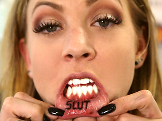 Petite Babe Leah Luv "SLUT" Tattoo on her Lips - AltErotic
