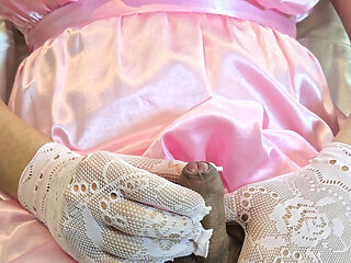 Sissy Kanisa Jerking off with Pink Satin Dress and Lace Glove