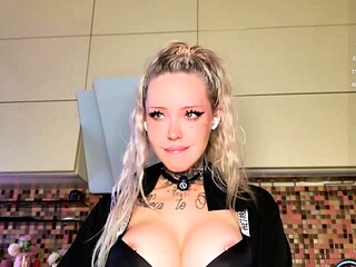 Blonde Housewife with big boobs masturbates with huge dildo