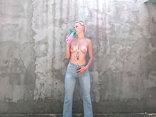 Wet Jeans Shame: Desperate Topless Girl Peeing