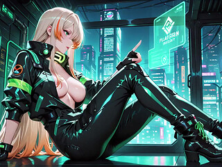 Neon Rain Night! Blonde Agent in Wet Leather Crouching Low, Holographic Glow & Cold Glances.