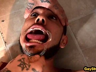Mouthgagged bottom handling alt cock
