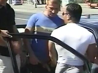 Amateur Redhead Slut Sucks and Fucks Three Big Amateur Cocks in Public