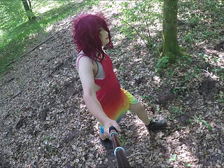 Trans girl undresses in the forest and masturbates to ejaculation.