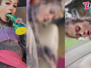 Tattooed Hippie Stretches Ass with Big Toy Then Takes Real Cock