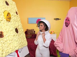 Porn stars with natural tits in a cfnm fetish group session