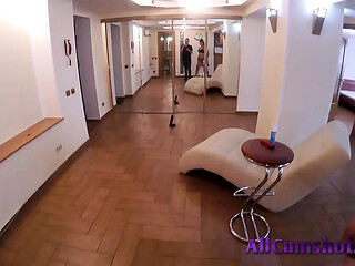 Lucky dude gets a double dose of cock-sucking from two sexy sluts.