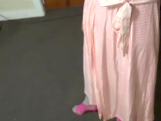 Super sexy pink high heels and a cute pink silky slip with silver shiny stockings