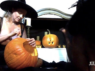 Julia Ann and Jenna Foxx Carve Pumpkins